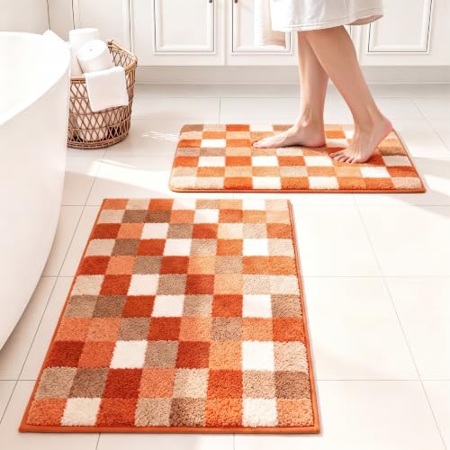 Breling 2 Pcs Fall Plaid Bathroom Rugs Orange Checked Farmhouse Fall Bathroom Decorations Soft Absorbent Microfiber Bath Mat Set for Autumn Home Decor 32x20 Plus 16x24