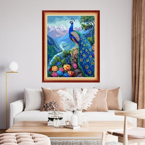 Image of Funchey Stamped Cross Stitch Kits, DIY Cross Stitch Pattern for Adults Beginners Needlepoint Kits Embroidery Kit Arts and Crafts 11CT&Blue Peacock Landscape 16x20 inch
