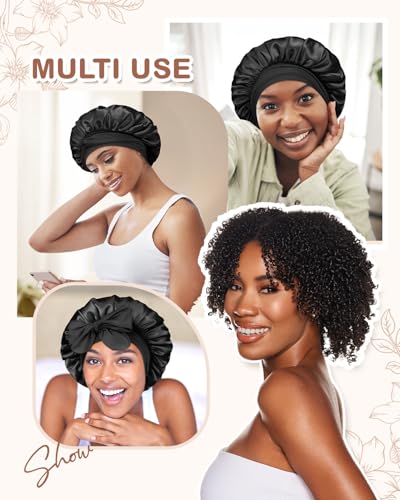 Image of BONNET QUEEN Silk Bonnet for Sleeping Satin Bonnet Hair Wrap with Tie Band Sleep Cap Night Cap for Women Curly Hair,2Pcs Black Pink