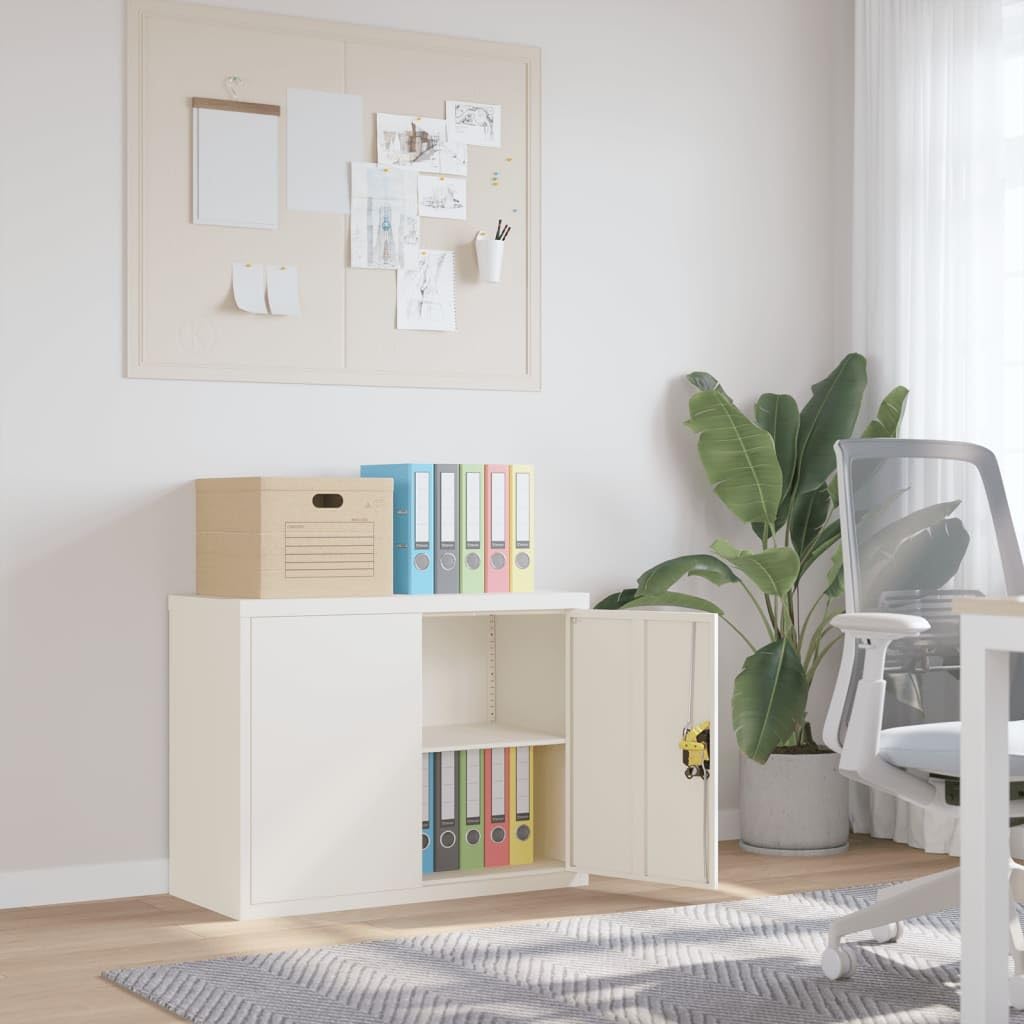 Armario archivador de acero blanco 90 x 40 x 70 cm con estante, armario de oficina con cerradura para archivos y material de oficina, revestimiento de polvo, resistente y fácil de limpiar