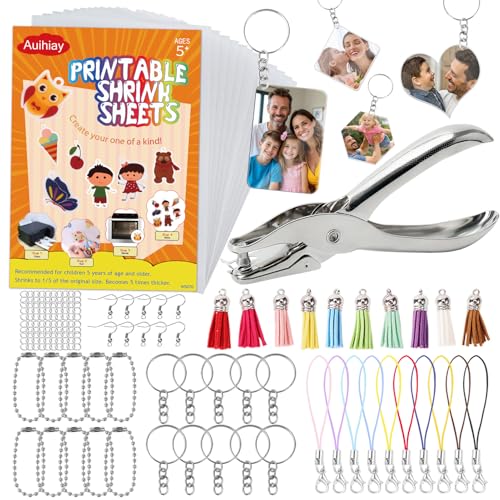 Image of Auihiay Printable Shrink Sheets Dink Kit, 12PCS Semitransparent Shrink Papers with Key Rings, Earring, Lanyards, Hole Punch Accessories for Fathers Day, DIY Keychain Making Crafts (8.5 x 11 inch)