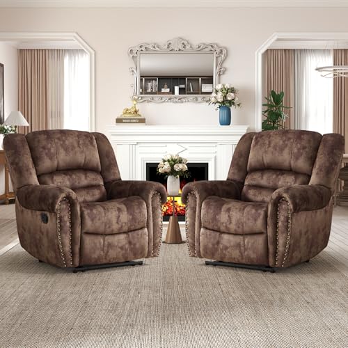 Image of CANMOV Manual Recliner Chair Set of 2, Classic and Traditional Fabric Recliner Chair with Comfortable Arms and Back Single Sofa for Living Room, Chocolate Brown