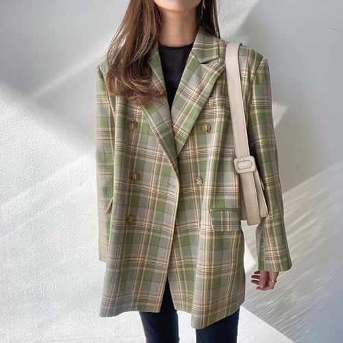 chouyatou Womens Business Casual Plaid Blazer Jacket Notched Collar Open Front Dressy Suit Loose Pea Coat 6