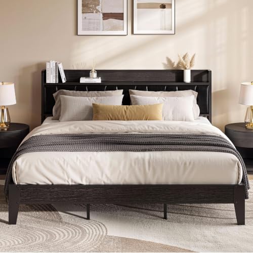 Image of LIKIMIO California King Bed Frame, PU Leather Storage Headboard with Charging Station, Solid and Stable, Noise Free, No Box Spring Needed, Easy Assembly, Black