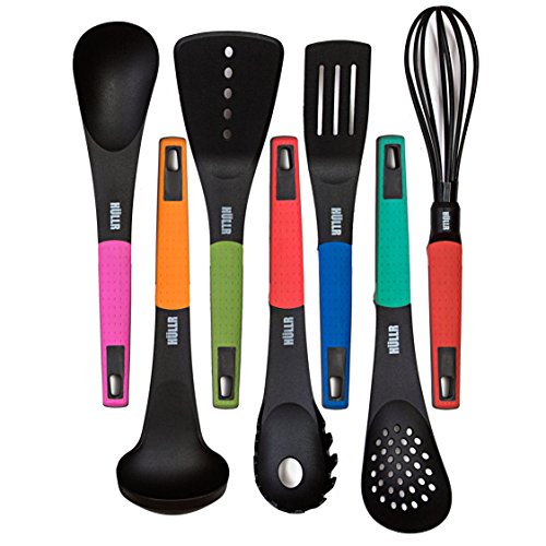 HULLR 7-Piece Kitchen Utensils Cooking Set - Spaghetti Server, Egg Whisk, Turner, Server, Soup Ladle, Solid & Slotted Spoon.