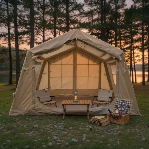 Bellemave Inflatable Camping Tent with Awning & Skylight for 4-6 Person, Easy Setup Blow Up Tents with Pump & Mesh Windows/Doors for Family, Friends, Outdoor Camping