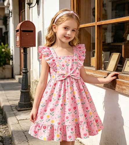 Kimoda Toddler Girl Summer Dress Kids Pink Floral Print Ruffle Sleeve Dresses Smock Outfits Casual Beach Sundress for Little Girl 2-3 Years — view 2