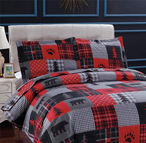 Junsey Rustic Bear Quilts Set Full/Queen Size, Red Black Plaid Patchwork Bedding Lightweight Lodge Cabin Bedspread Coverlet With Pillowshams (Red Black Gray, Full/Queen) #TOP1