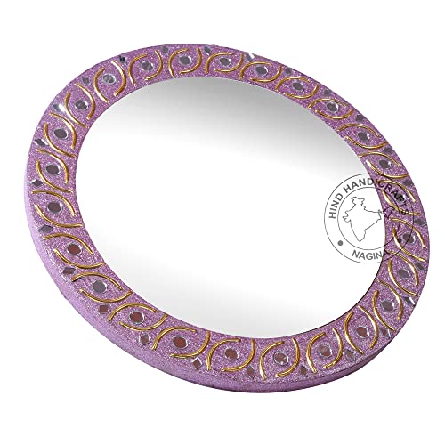 Image of Round Wall Mirror - Rustic Accent Mirror for Bathroom, Entry, Dining Room, & Living Room, Metal Round Mirror with Thin Wooden Frame, Purple, 16 inch x 16 inch