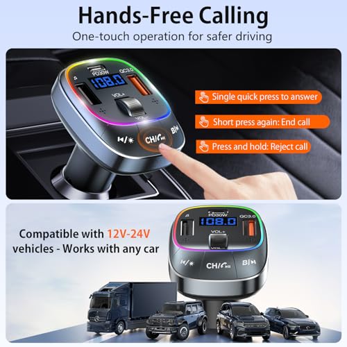 Redroman USB C Bluetooth 5.4 Car Adapter for Hands-Free Calling & 48W Fast Charging, Wireless FM Transmitter Audio Receiver with USB Playback and 7-Color LED Backlit, Type-C PD Charger for All Cars by REDROMAN - Image 6