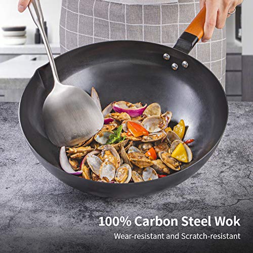 SKY LIGHT Wok Pan, No Chemical Stir Fry Pan 12.5-inch, 100% Carbon Steel Chinese Iron Pot with Detachable Wooden Handle, Scratch Resistant Flat Bottom for Electric, Induction & Gas Stoves, Oven Safe