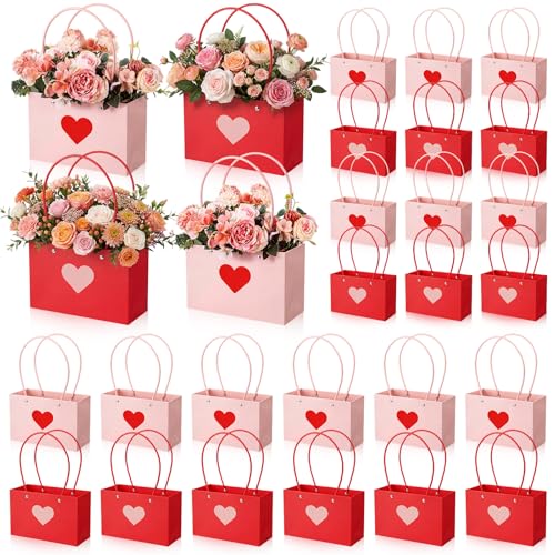 Tinlade 24 Pack Flower Gift Bags, Kraft Paper Heart Bouquet Bags with Handles for Arrangements, Waterproof Lining, Pink Red, for Wedding, Bridal Shower, Engagement Centerpiece