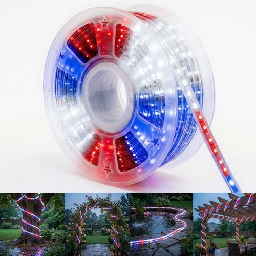 Image of 100ft Rope Lights For Outside,Connectable Flexible Tube Lights with 8 Modes Controller, Waterproof Red /Blue /White LED Rope Lighting for Deck,Garden,Pool,Patio,Bedroom,Indoor & Outdoor Landscape Light