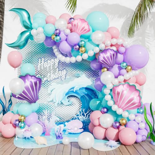 Adeyoo Mermaid Balloon Arch Kit Garland - 157Pcs Mermaid Balloons Arch Kit with Pastel Pink Purple Teal Blue White Latex Balloons Tail Seashell Foil balloon for Birthday Ocean Theme Party Decorations