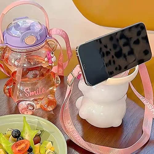 Cute Kawaii Bear Water Bottle With Straw And Strap Portable Leak-Proof Water Bottles With Carrying Loop For Kids Girls Boys Women Outdoor Sports Camping Picnic Travel 34Oz (Purple) #TOP5