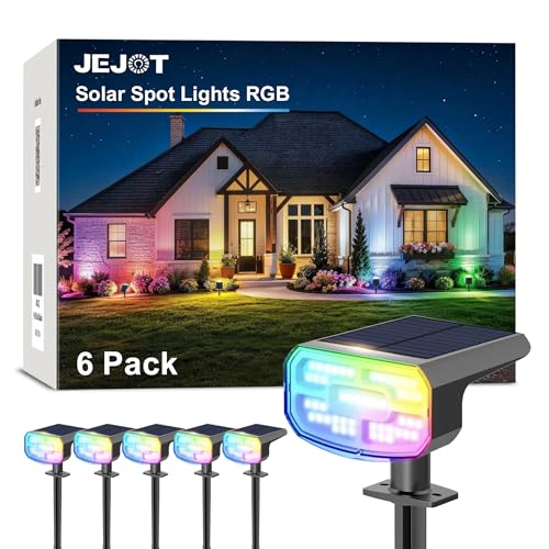 Image of JEJOT Solar Spot Lights Outdoor Waterproof, Solar Spotlights, 6 Pack | 8 Lighting Modes, 120 Adjustable Solar Lights for Yard Garden Lawn Landscape Pathway, Multicolor