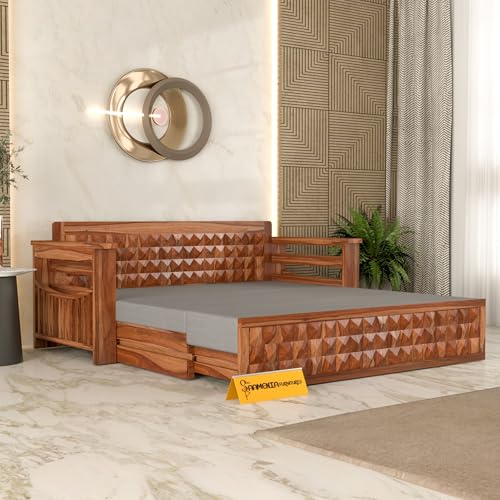 Image of Mamta Furniture Solid Sheesham Wood Sofa Set 3 Seater Furniture Wooden 3 Seater Sofa Cums Bed for Home Living Room with Cushions (Honey with Grey, 3 Seater Design 1)