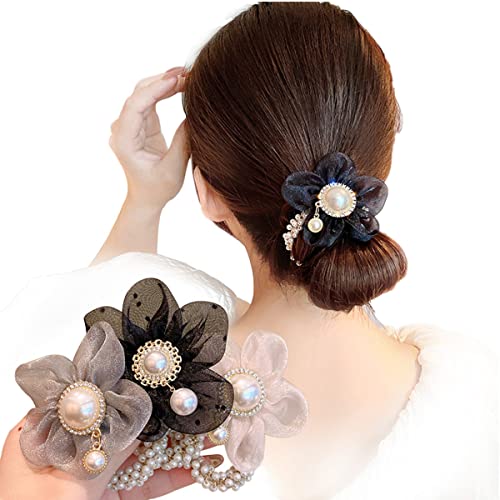 LOVEF Juego de 4 bandas elásticas para el pelo con diseño de flores y perlas, accesorio para coleta de caballo