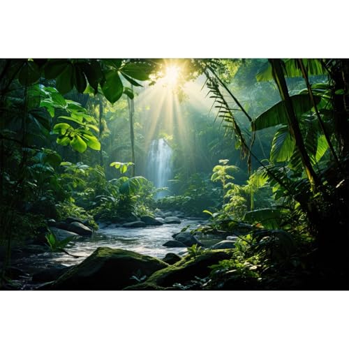 Image of Jungle Aquarium Background Waterfall Lush Green Jungle Plants Terrarium Background Stream Big Rocks with Moss Fish Tank Background Natural Jungle Forest Landscape Aquarium Backdrop Vinyl 30x18in