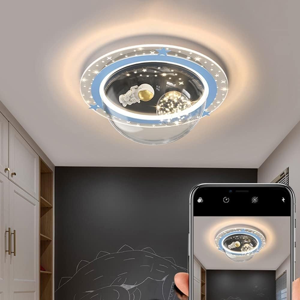 Kids Room LED Ceiling Lights for Bedroom Spaceman Astronaut Lighting Fixture Acrylic Round Spacecraft Dimmable Flush Mount Ceiling Light with Planet Glass for Girls Boys Room Children Nursery