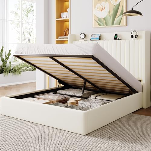 Image of Allewie Full Size Lift Up Storage Bed Frame,Storage Shelf Headboard with Charging Station,Type-C and USB Ports,Hydraulic Support,Velvet Upholstered Bed Frame,No Box Spring Needed,Cream