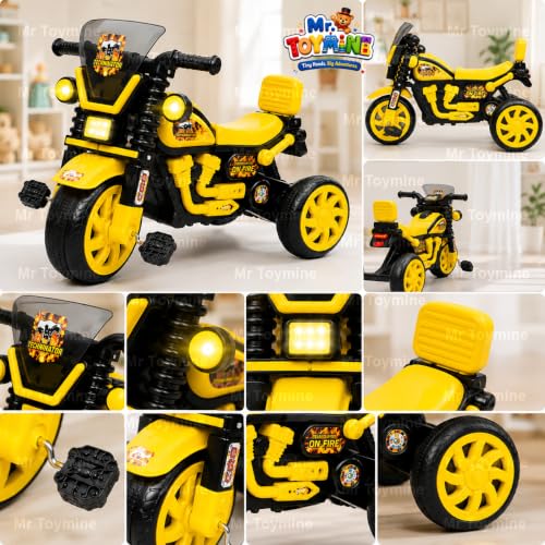 Image of Terminator Bike Pedal Tricycle for Kids Toddler Trike Headlight, Music, Curved Seat and Backrest Push Along Pedal Trike for 2 Years to 4 Years | Yellow | TOYMINE