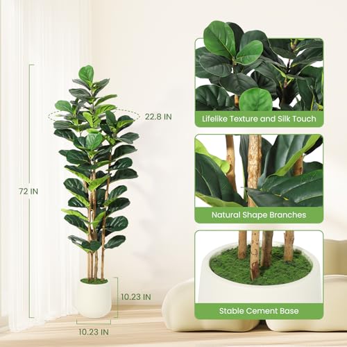 Artificial Fiddle Leaf Fig Tree with White Planter, 6ft Tall Fake Plant with Natural Wood Trunk, Faux Ficus Tree Potted Moss for Home Office Living Room Decor