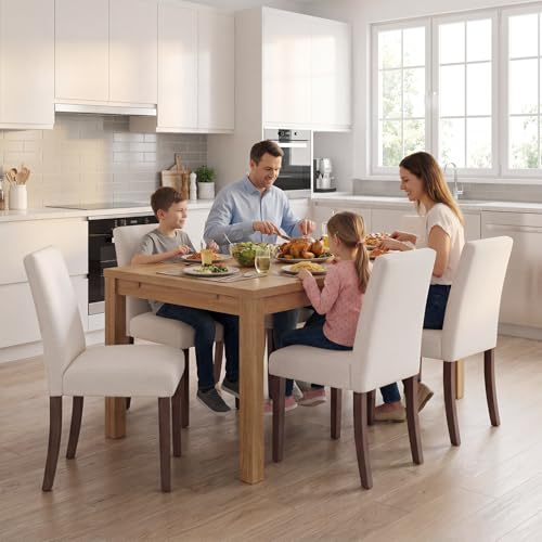 Image of Upholstered Dining Chairs Set of 4, Mid-Century Dining Room Chairs with Wooden Legs, Farmhouse Fabric Parsons Chairs for Small Space Restaurant & Cafe- Light Beige