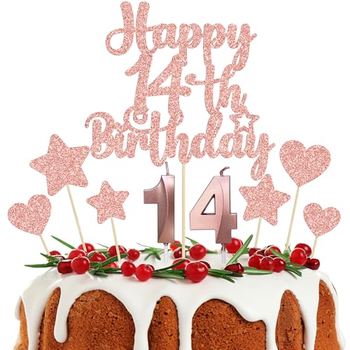 Gyufise 15Pcs Happy 14th Birthday Cake Topper Set with Heart Star Glitter Cheers to 14 Years Cake Picks Number 14 Candles Cake Decorations for Happy 14th Birthday Anniversary Party Supplies Rose Gold