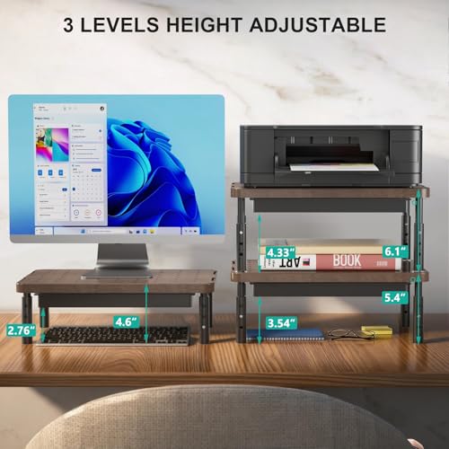 Image of WALI Plastic Computer Monitor Stand with Storage, Desk Monitor Riser 3 Height Adjustable, Laptop Riser with Airflow Vents, Desk Organizer for Computer, Laptop, Printer (PTT002-C), 1 Pack, Brown