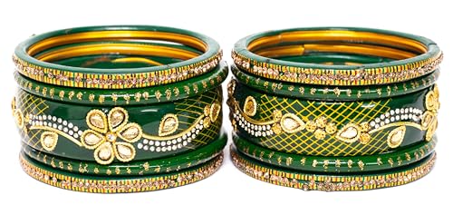 Image of Swara Creations Lah /Lac bangles red and yellow color Set, LAHTHI Churi zircon work for Women and Girls(14pcs)