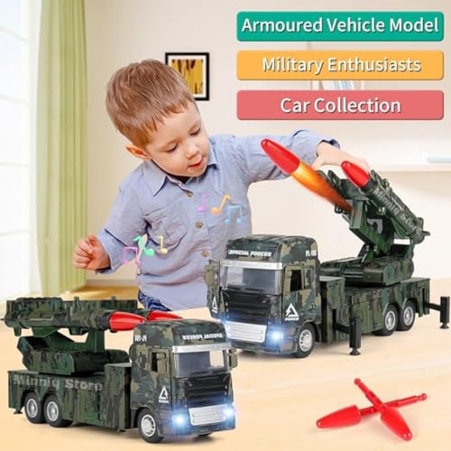 Image of Military Two Missile Launcher Truck with Lights & Sounds - Pull Back & Go Missile Model for Kids - Missiles Military Die Cast Fighting Truck Gift for Kids (Multicolor)