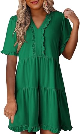 Womens Ruffle Short Sleeve V-Neck Layered Swing Dress Casual A Line Flowy Mini Dresses Tiered Babydoll Sundress
