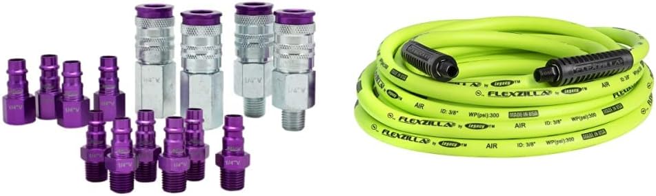 Milton S-314VKIT Kit, 14pc Hi-Flo V style 1/4", Purple & Flexzilla Air Hose, 3/8 in. x 50 ft., 1/4 in. MNPT Fittings, Heavy Duty, Lightweight, Hybrid, ZillaGreen - HFZ3850YW2