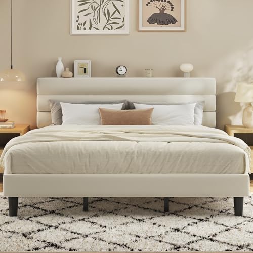 Fluest King Size Bed Frame, Platform Bed Frame with Velvet Upholstered Headboard, No Box Spring Needed, Sturdy Metal Support, Noise Free, Easy Assembly, Beige