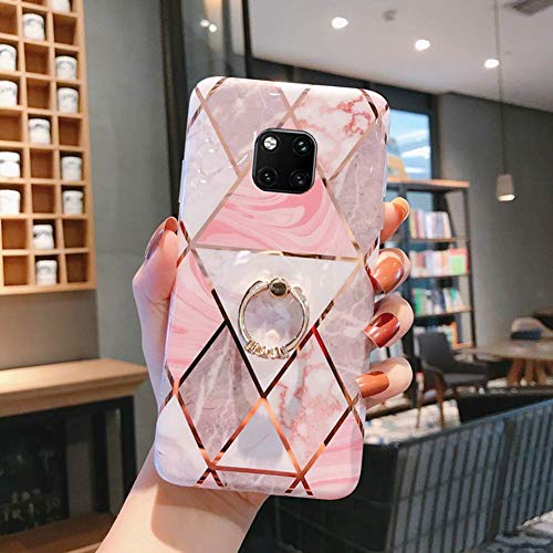 Saceebe Compatible with Xiaomi Redmi Note 7 Silicone TPU,Glittered case TPU Soft Silicone Marble Pattern Soft Shell TPU with Finger Ring Bracket Protective Shell [Anti-Scratch],Pink white gray/