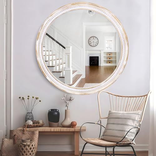 Image of 30 Inch Round Wood Mirror, Rustic Farmhouse Wall Mirrors for Bathroom | Boho Accent, Vanity Styling, Decorative Circle Look for Living Room, Entryway, Bedroom, Hallway, and Fireplace Mantel