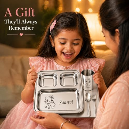Image of SAVRI Personalized Stainless Steel Mealtime Printed Dish - Customized Gift for Boy, Baby Girl - Name and Favorite Character Engraved - Ideal for Birthday Gifting - 4 Pcs (1 Set)