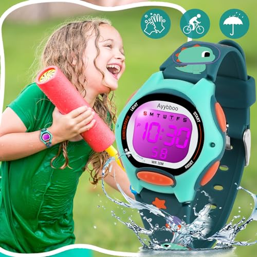 Kids Digital Watches for Girls Boys, 7 Color Lights Waterproof Cute Wristwatches for Kids with Alarm Stopwatch, Great Present for Girls Boys Ages 5-13 Cartoon Blue3