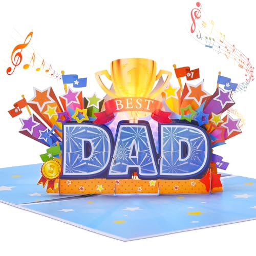 VIVIKEN Pop Up Father’s Day Card for Dad, LIGHTS & MUSIC 3D Happy Fathers Day Card from Son Daughter Wife, Best Dad Award Greeting Gift Cards for Husband Stepfather with Envelope