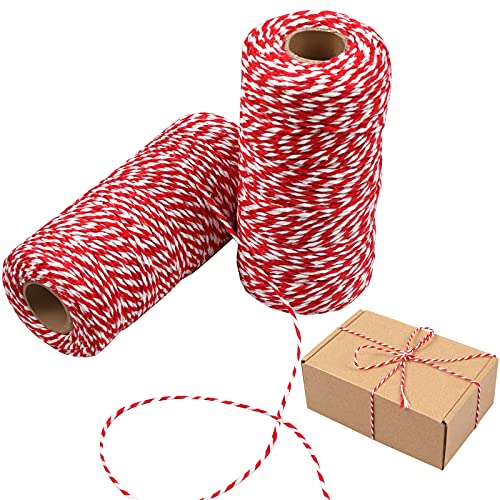 yeestone Christmas String, 200m ECO Friendly Red and White 2mm Cotton Wrapping Twine, Durable Butchers String for Gift Meat Crafts Garden (2 Rolls)