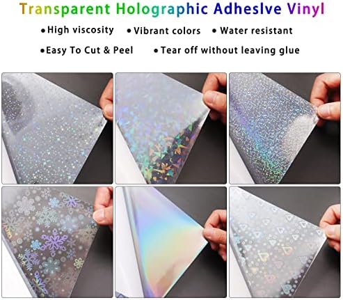 30 Sheets Transparent Holographic Overlay Lamination Glitter Vinyl Sticker Paper A4 Size Self Adhesive Permanent Vinyl Sheets (6 Patterns)