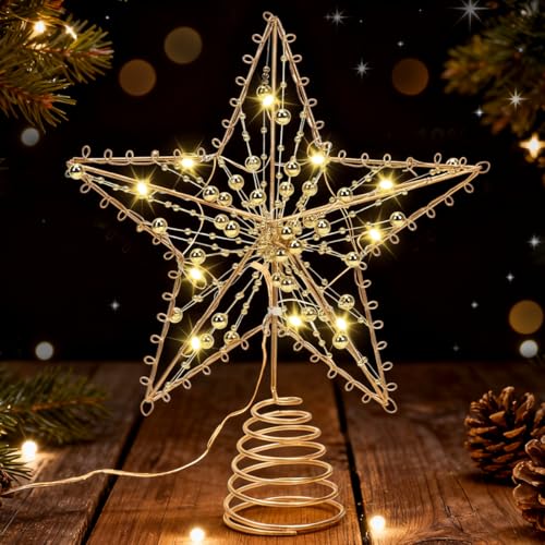 Estrella Arbol de Navidad Dorada con Luz, 35 cm Christmas Star Tree Topper, Punta de árbol de Navidad, LED Estrella Dorado Copa del árbol para Decoraciones Navideñas