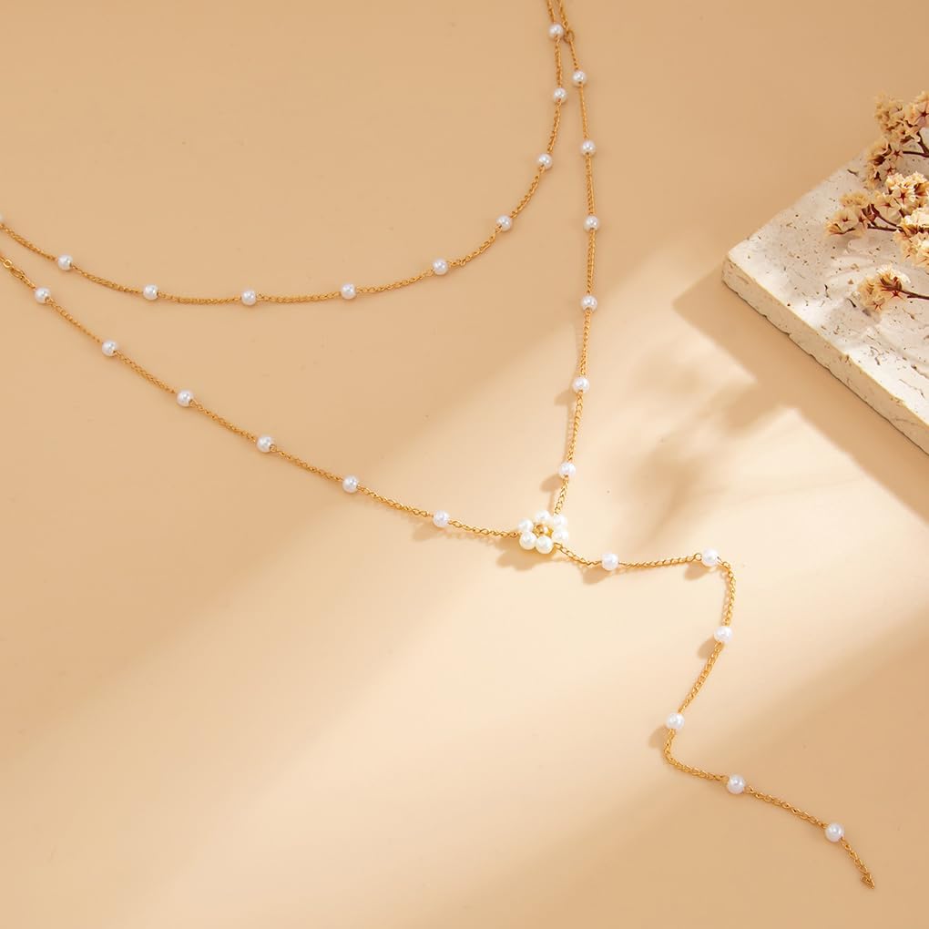 Gold Y-Shaped Pearl Lariat Necklace for Women Dainty Boho Layered Beaded Pendant Necklace Trendy Crystal Long Chain Necklace Simple Classic Jewelry - Image 6