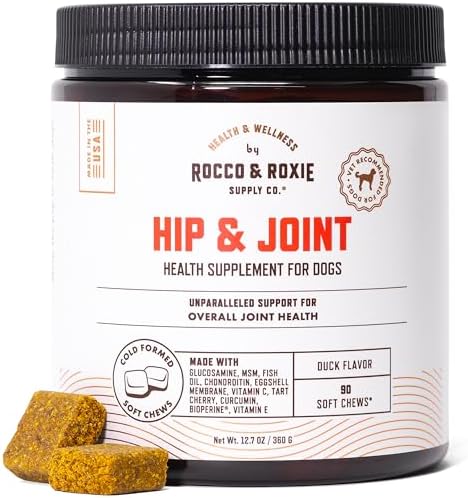 Rocco & Roxie Glucosamine Hip and Joint Supplement for Dogs, Dog Supplements & Vitamins to Support Mobility, Omega 3 and Chondroitin Plus MSM, Dog Health Supplies Large & Small Breed – 90 Soft Chews
