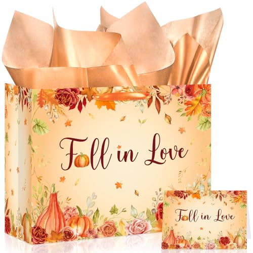 Innovoscape Autumn Maple Leaf Bridal Shower Wedding Gift Bag Fall in Love Gift Bags with Handle Card
