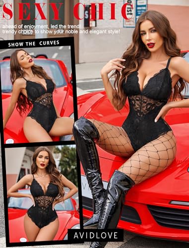 Avidlove Women Snap Crotch Lingerie Sexy Lace Bodysuit Deep V Teddy One Piece Lace Babydoll4