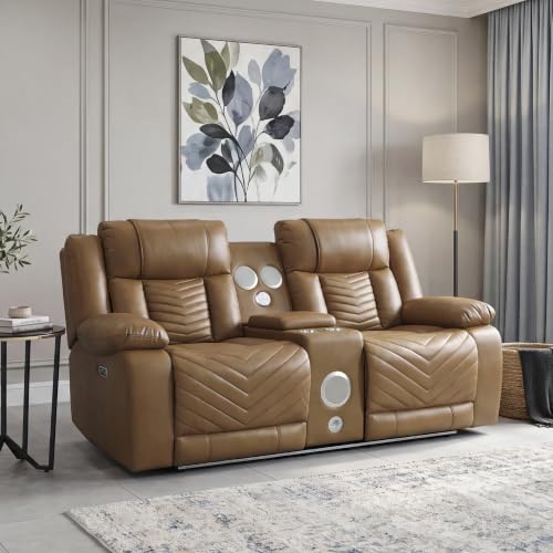 Image of Lexicon Faux Leather Power Double Reclining Loveseat with Console, Brown