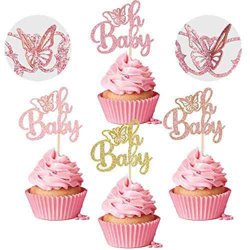 Gyufise 24Pcs Multicolor Glittery Oh Baby Butterfly Cupcake Toppers - Baby Shower Girl Butterfly Decoration - Gender Reveal Party Supplies