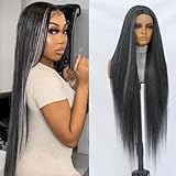 Felek 40 Inch Straight T Part Lace Wig Mixed Black Grey Color Super Long 13x4x1Lace Front Wig Heat Resistant Fiber Glueless Pre-Plucked Natural Hairline Lace Wigs for Women/Girls (FHPEARL/GREY)